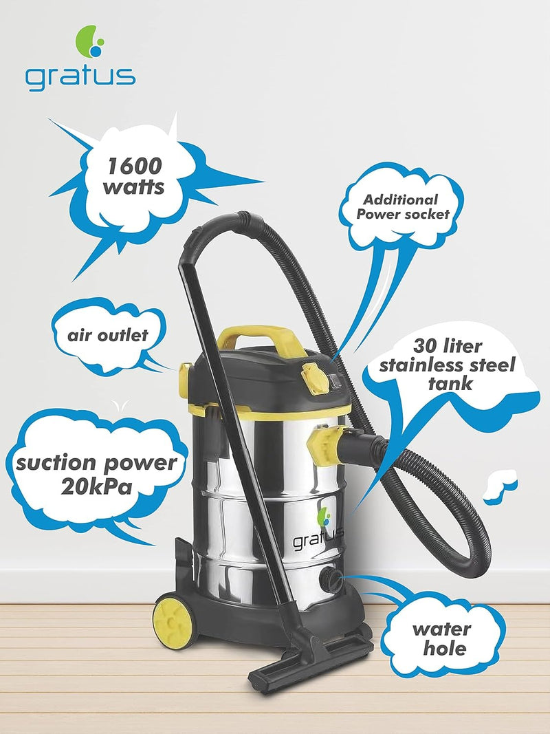 Gratus 1600W Wet, Dry & Blow Canister Vacuum Cleaner, versatile 30-liter stainless steel drum vacuum GR-WVC2516AC — Image 2