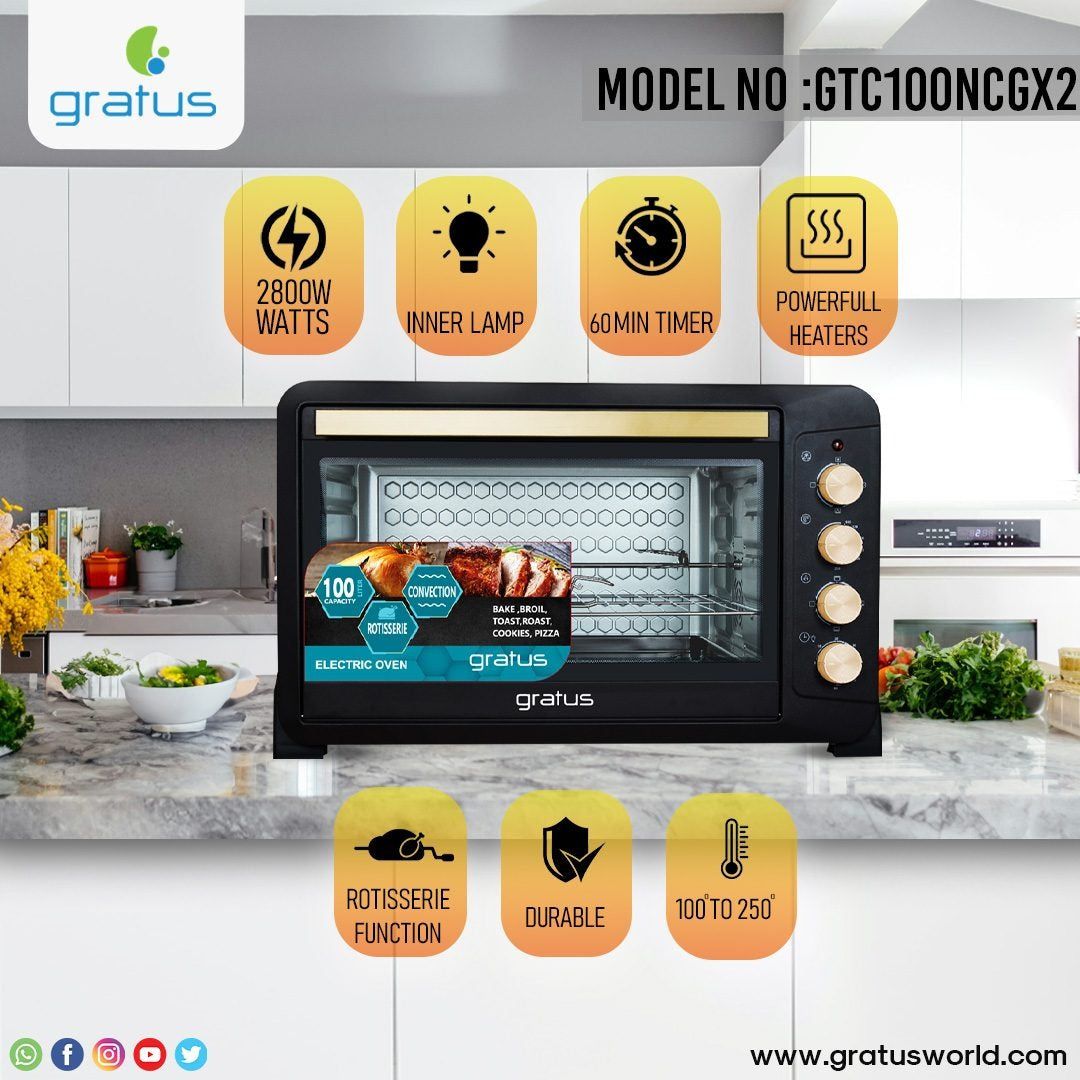 Gratus 100L 2800W Electric Oven Toaster Grill with Rotisserie function Timer Temperature control GTC100NCGX2 — Image 4