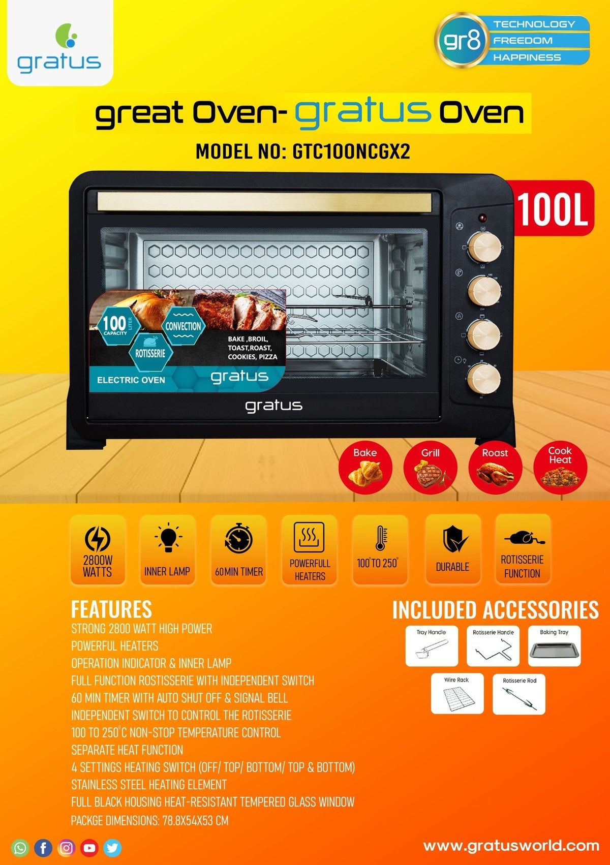 Gratus 100L 2800W Electric Oven Toaster Grill with Rotisserie function Timer Temperature control GTC100NCGX2 — Image 5