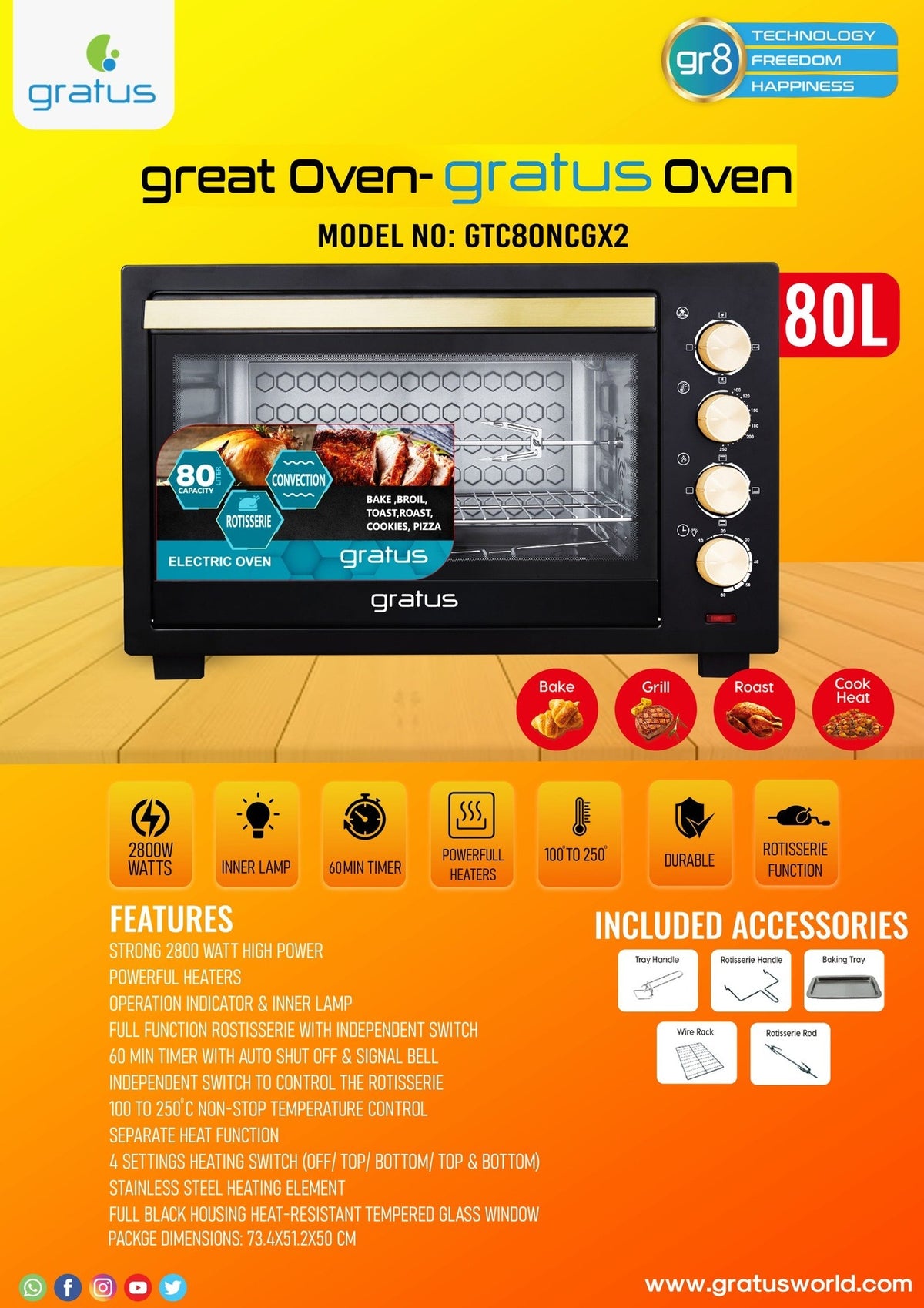 Gratus 80L, 2800W Electric Oven Toaster Grill with Rotisserie function, Timer, Temperature control 1 Year Full GTC80NCGX2 — Image 5