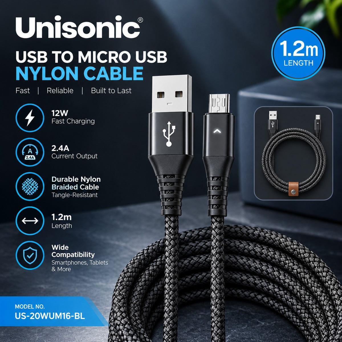 UNISONIC USB - MICRO 12W 2.4A NYLON CABLE 1.2M US-20WUM16-BL — Image 2