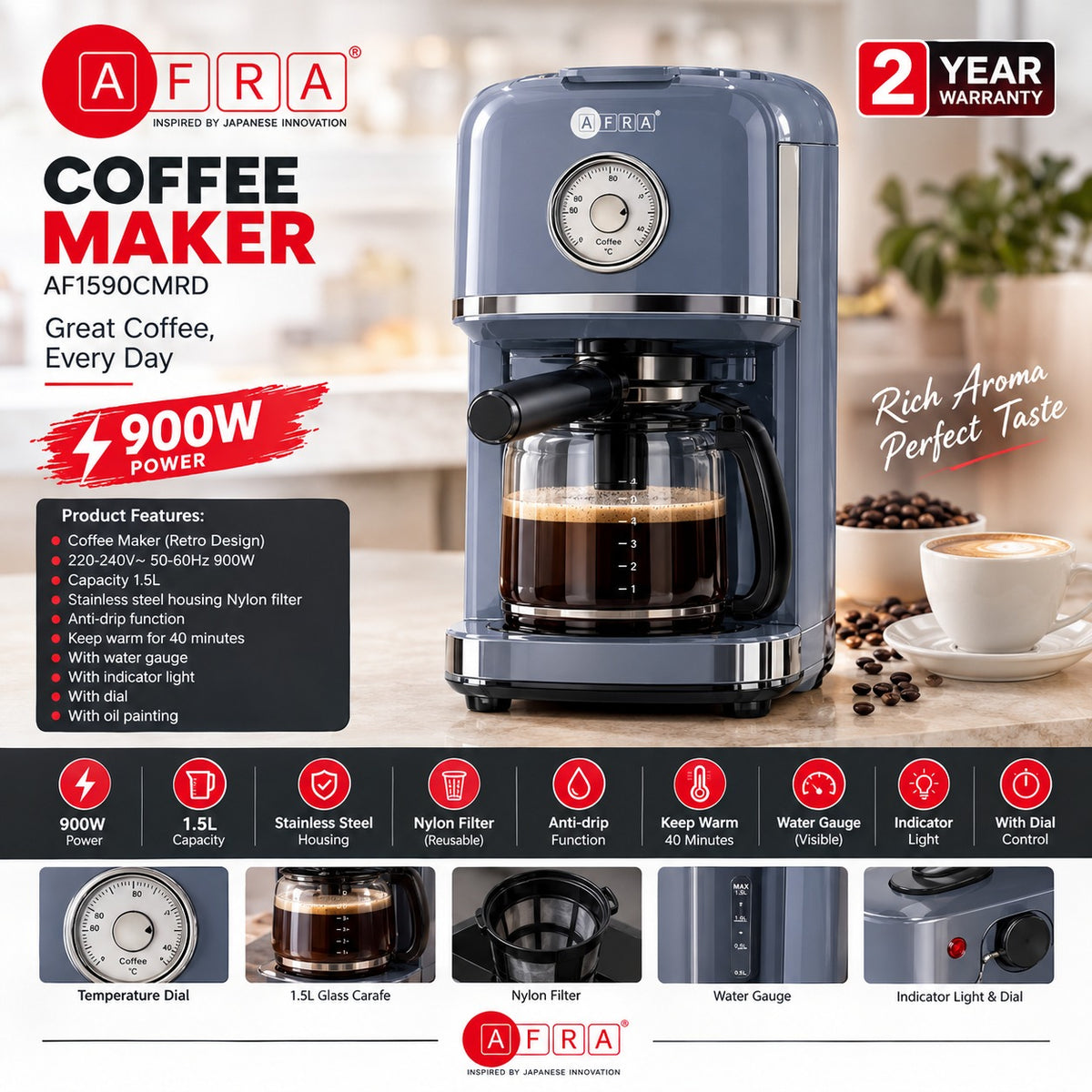 AFRA COFFEE MAKER 900W AF-1590CMRD — Image 3