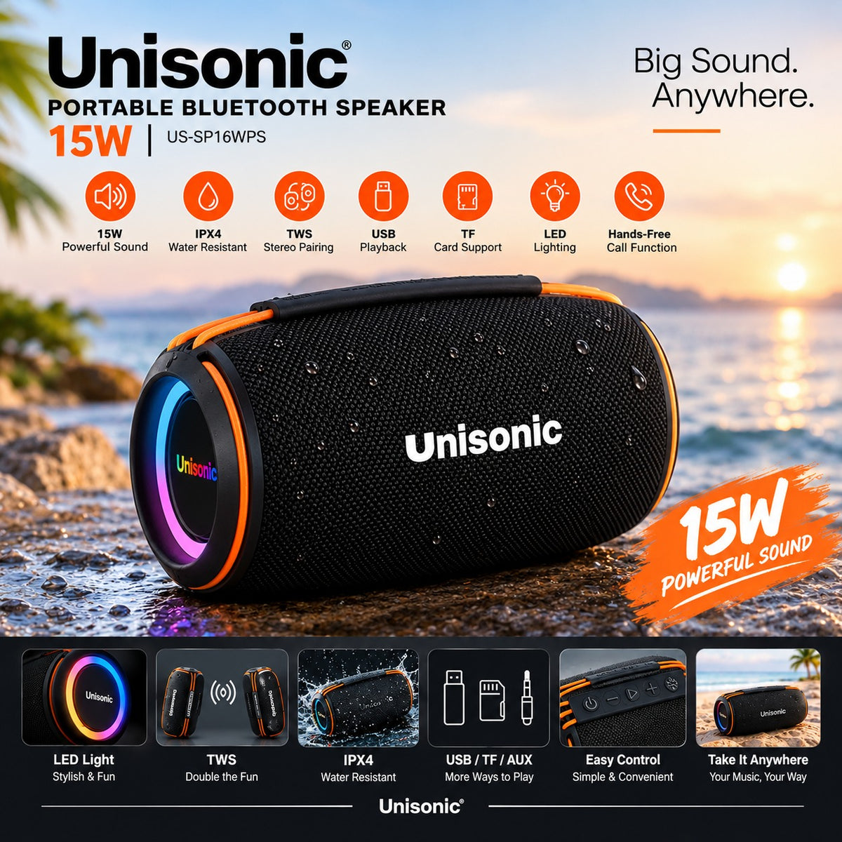 UNISONIC 15W PORTABLE BLUETOOTH SPEAKER WITH IPX4, TWS, USB, TF, LED, CALL FUNCTIONS US-SP16WPS — Image 2