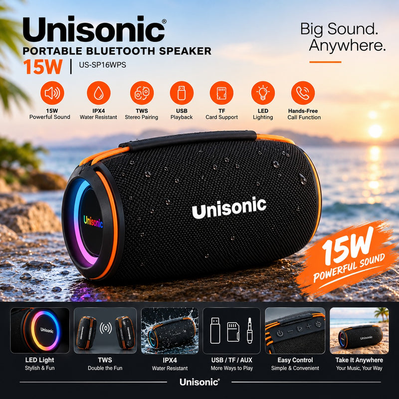 UNISONIC 15W PORTABLE BLUETOOTH SPEAKER WITH IPX4, TWS, USB, TF, LED, CALL FUNCTIONS US-SP16WPS — Image 2