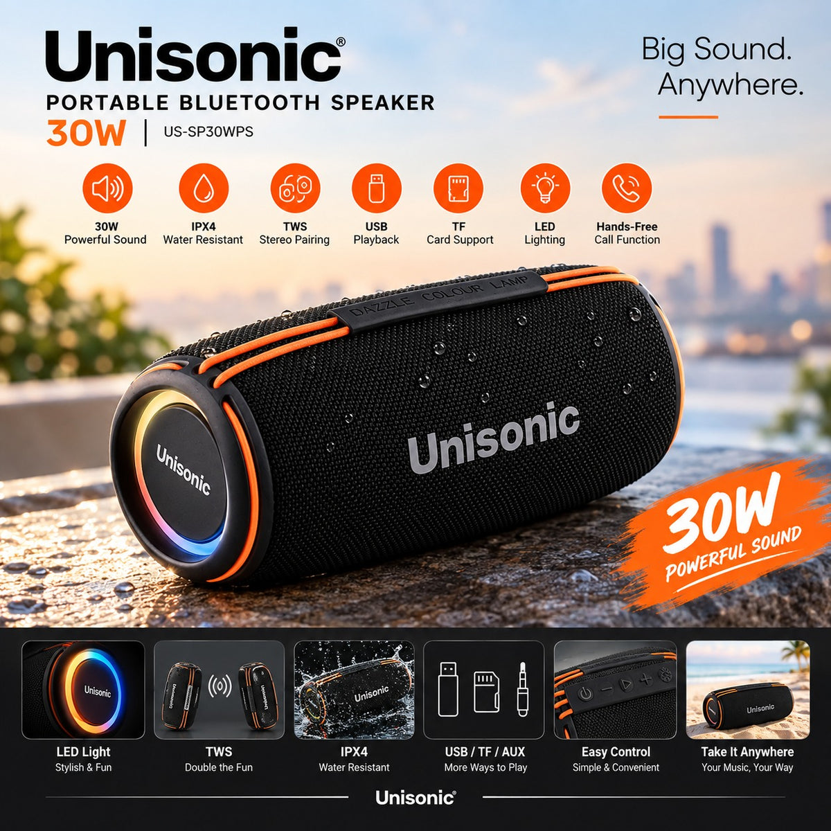 UNISONIC 30W PORTABLE BLUETOOTH SPEAKER WITH IPX4, TWS, USB, TF, LED, CALL FUNCTIONS US-SP30WPS — Image 2