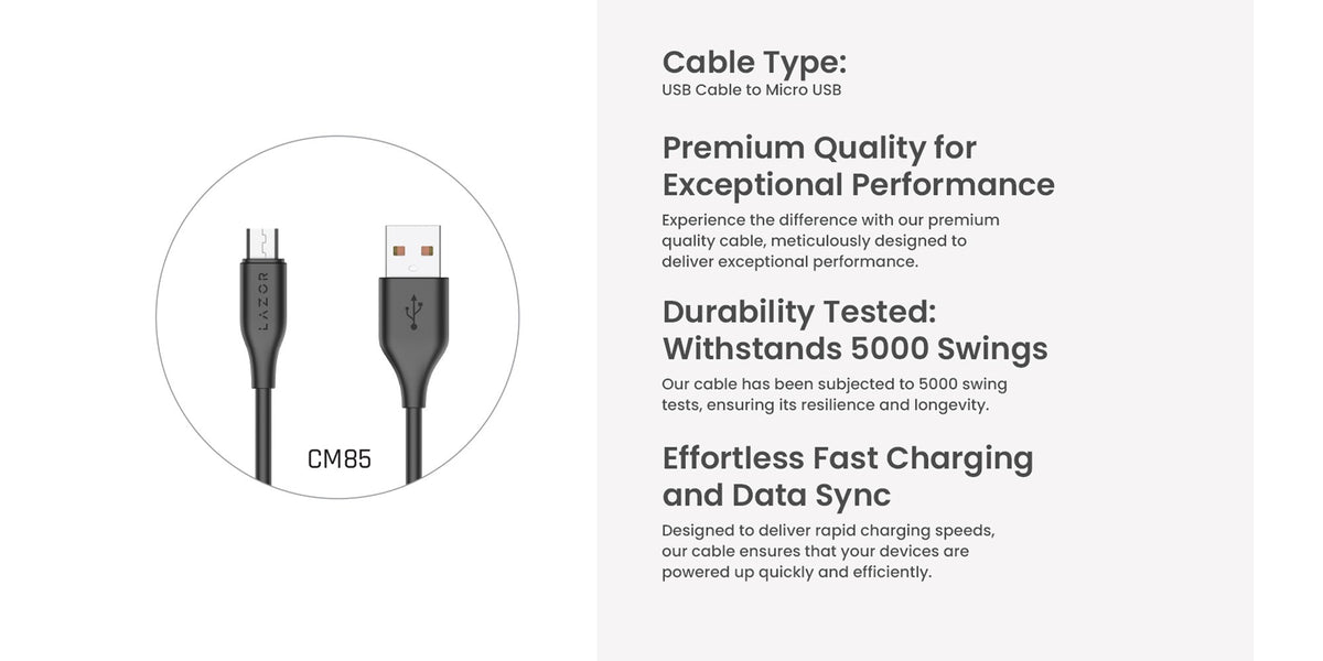 Lazor Micro Fast Charging Cable 1 Meter 3A Sync & Charge Black USB-A to Micro-USB — Image 5