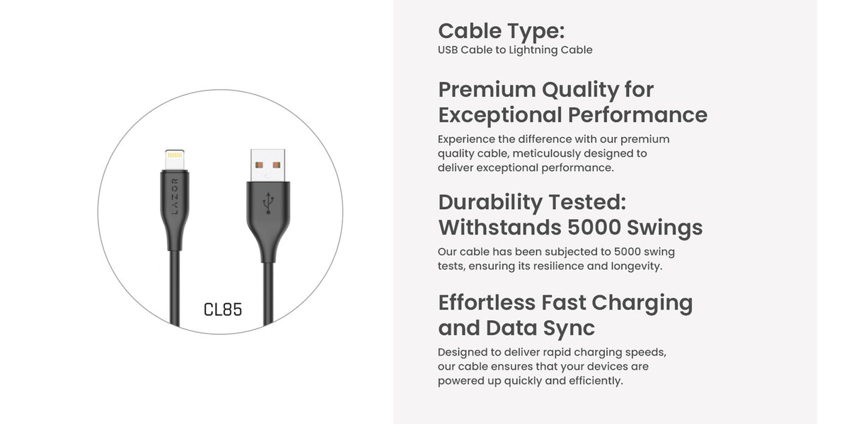 Lazor Flux CL85 USB-A to Lightning 1 Meter Fast Charging Cable 3A High-Speed Sync Black — Image 5