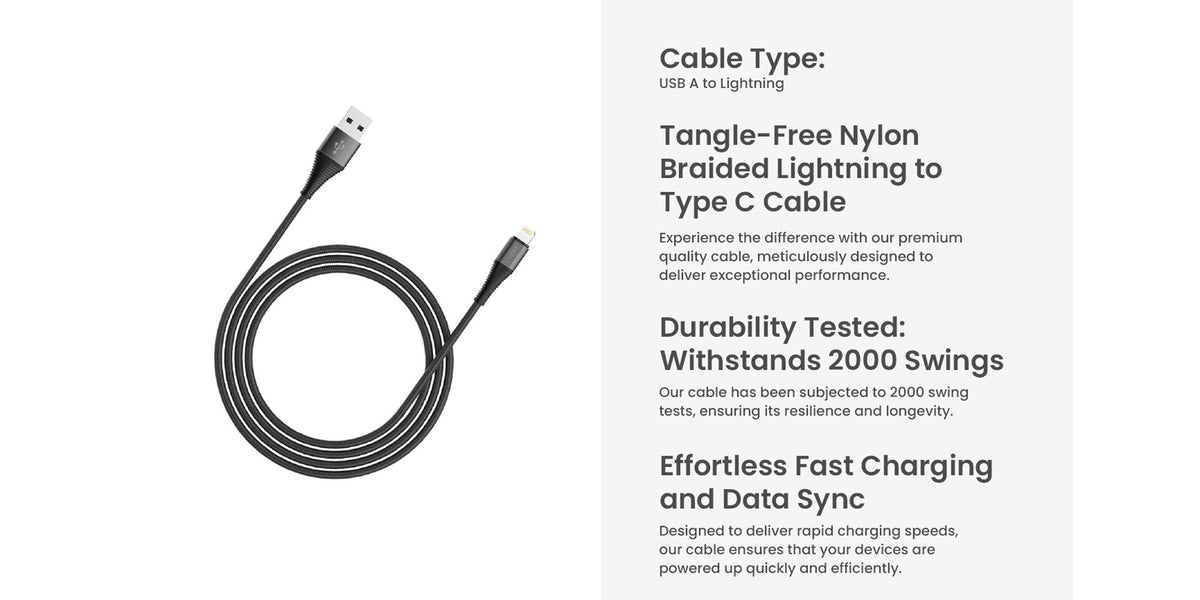 Lazor 1 Meter USB-A to Lightning Charging Cable 2.4A Fast Charge Durable Black Design — Image 6