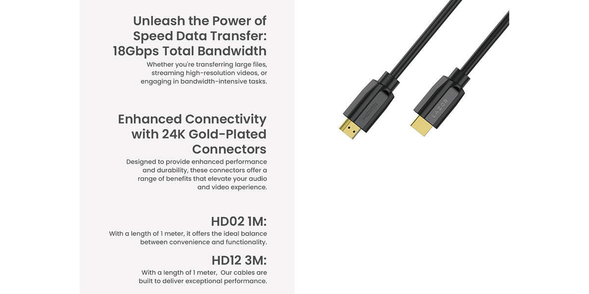 Lazor HDMI Cable 3m 24K Gold-Plated Connectors 4K Ultra HD 18Gbps Black — Image 9
