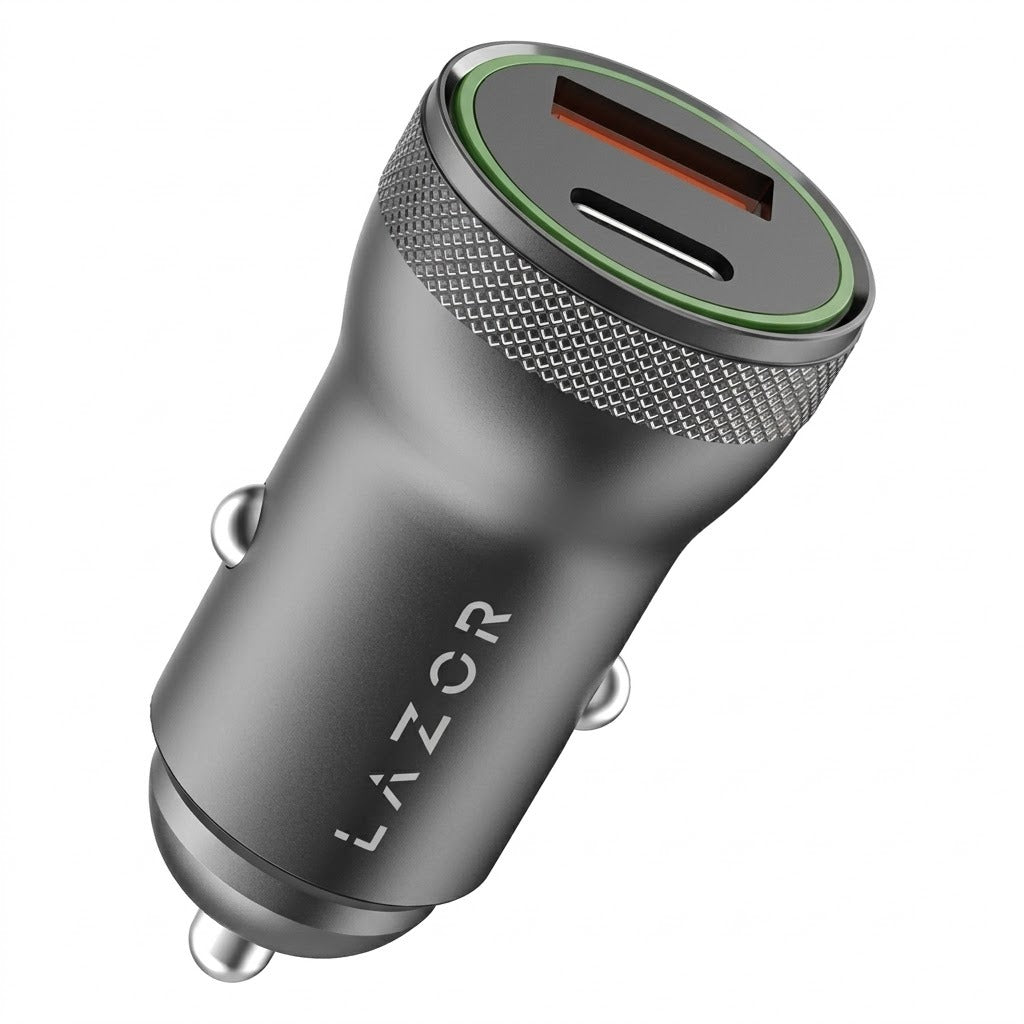 Lazor Voyager S CC20 PD Fast Car Charger 20W Dual Output USB-C & USB-A Aluminum Alloy Silver — Image 1
