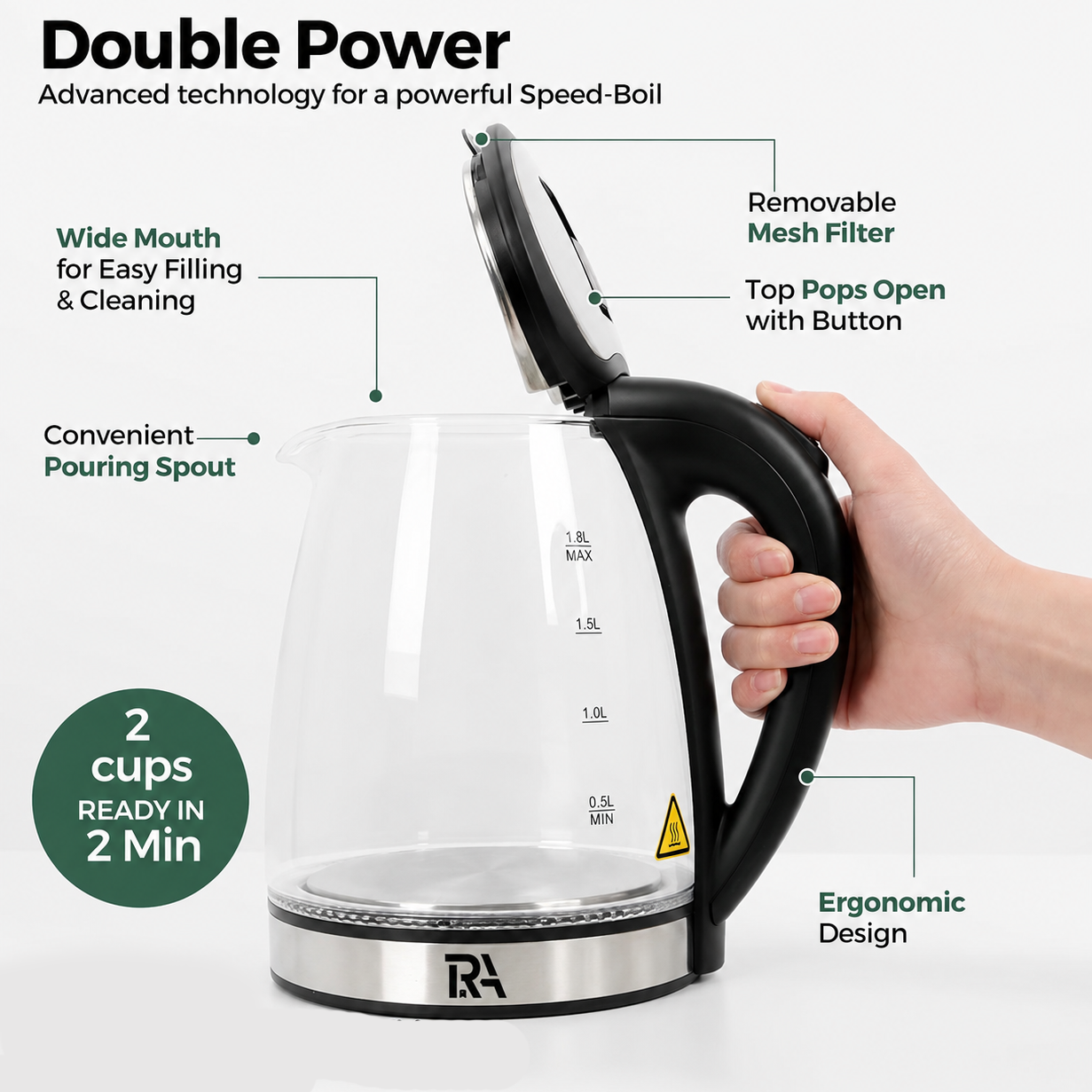 RA Electric Glass Kettle 1.8L Fast Boil with LED Indicator & Auto Shut Off – Black