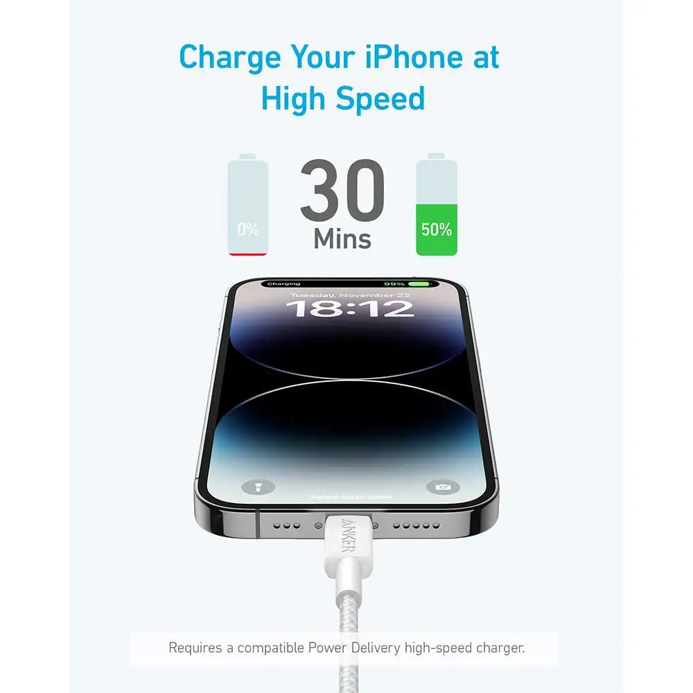 Anker 322 USB-C to LTG Braided 6ft-White-A81B6H21