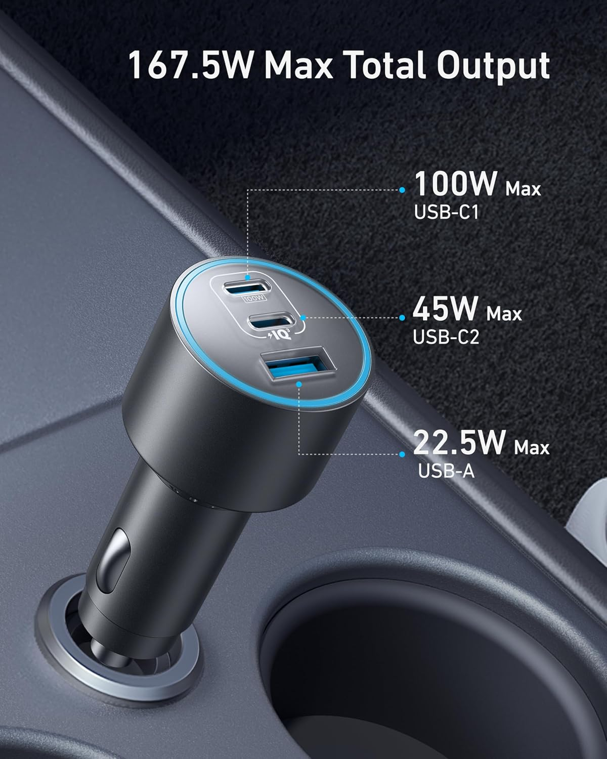 ANKER Car Charger 167.5W 3 Ports+Cable bundle-B2737HA1