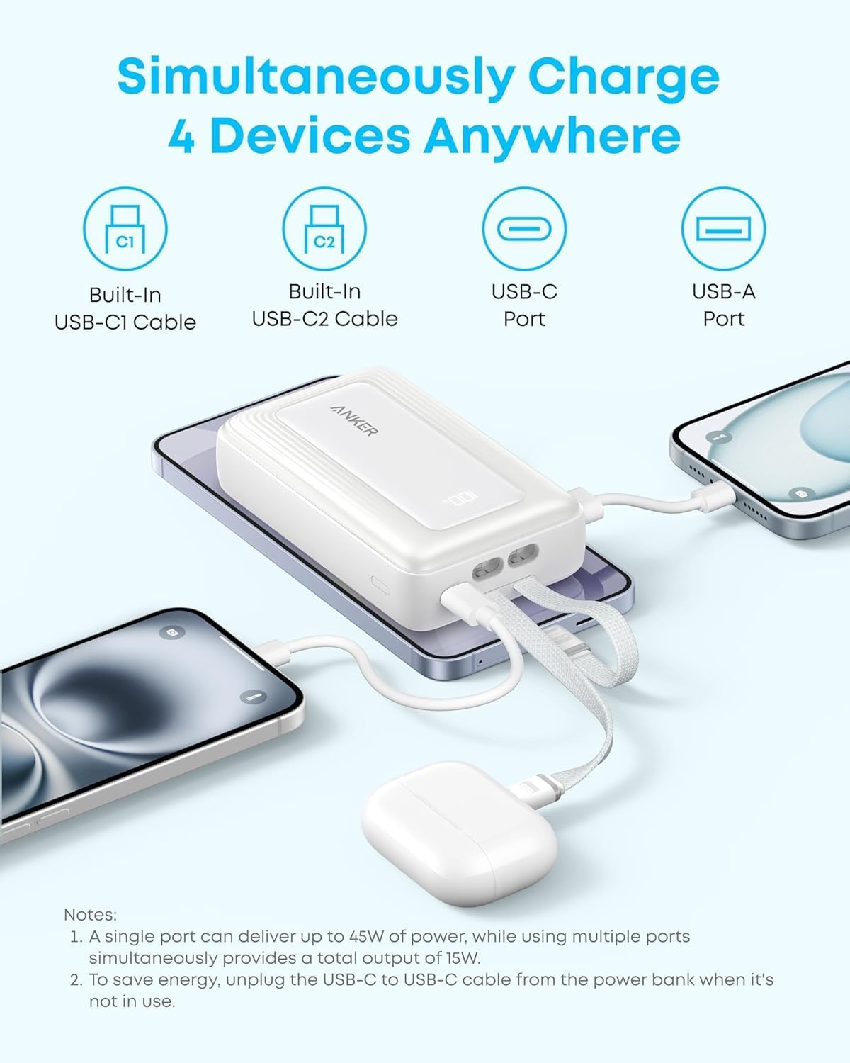 Anker Zolo Power Bank 20000mAh 45W With Dual Built-in USB-C Cables A110MH