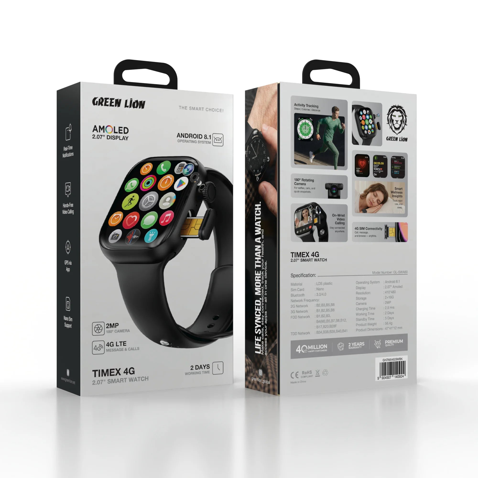 Green Lion Timex 4G Smart Watch 2.07” AMOLED Display with SIM Support & 2MP Camera – Black
