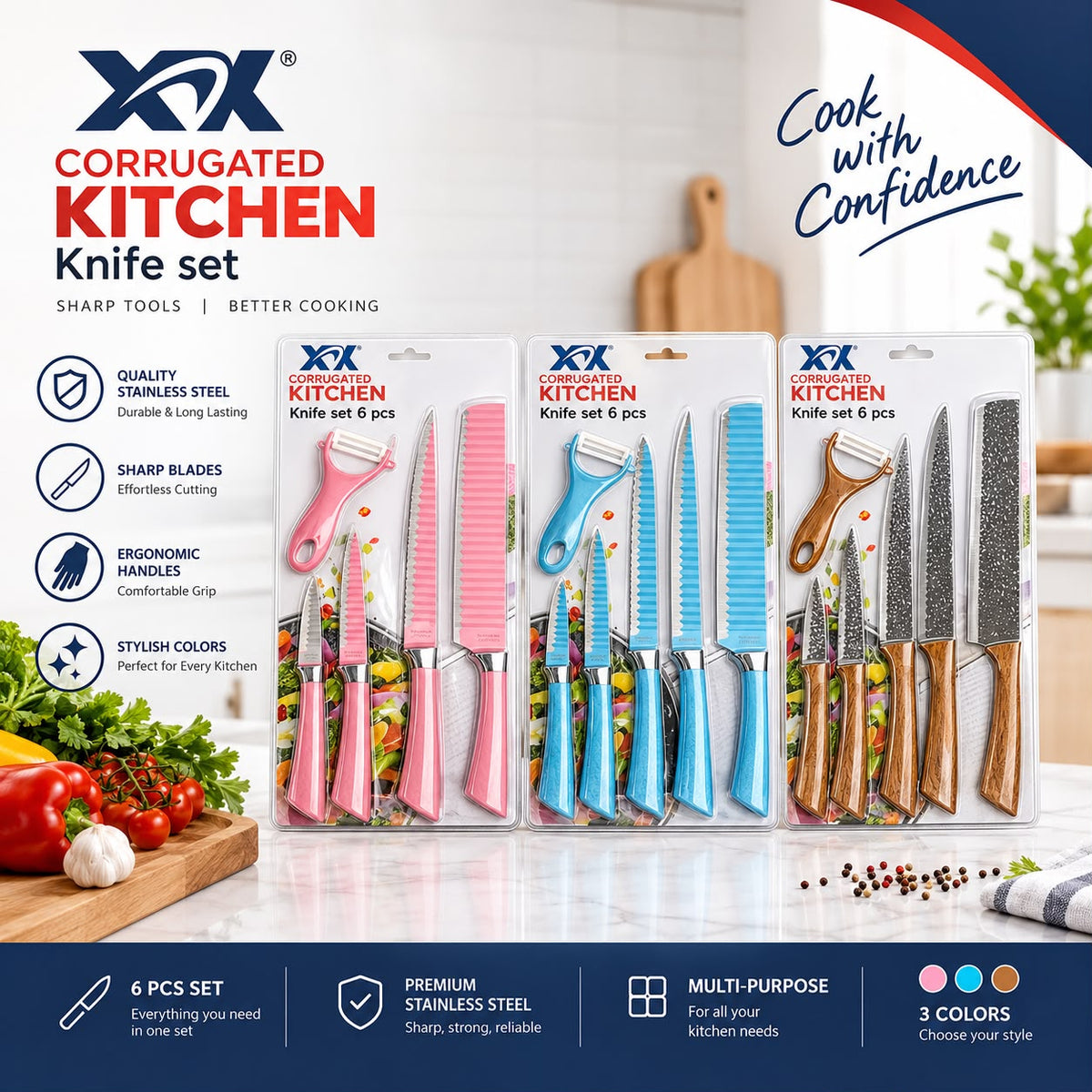 طقم سكاكين مطبخ 6 قطع مع مقشرة – شفرات مموجة ستانلس ستيل Corrugated Kitchen Knife Set-1