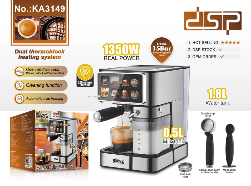DSP Espresso Coffee Maker 1350W 15 Bar Pump 1.8L Water Tank Milk Frother Coffee Machine KA3149-3