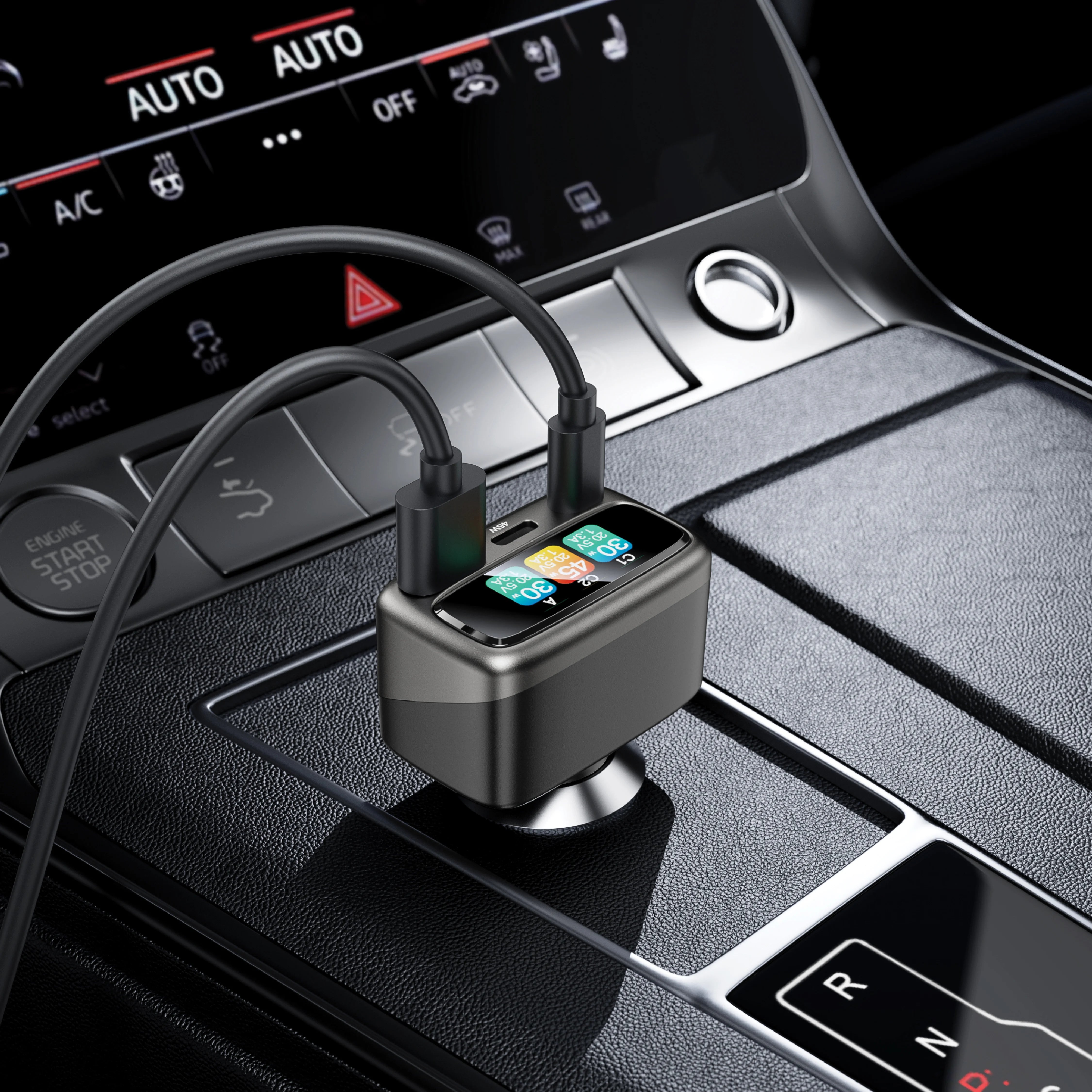 شاحن سيارة Green Lion Drive Core TFT بقوة 105W مع 3 منافذ وشاشة TFT – رمادي