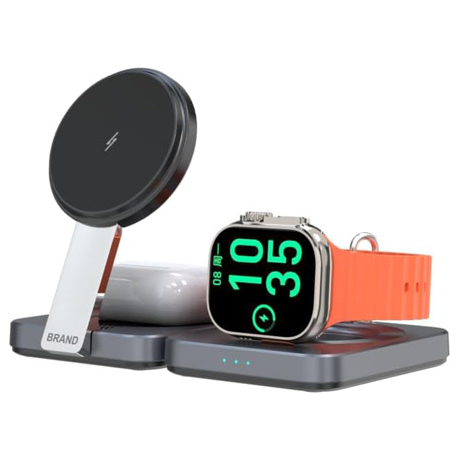 Powerology 3-in-1 Foldable Magnetic Wireless Charging Stand with Qi2 15W Fast Charging – Dark Gray