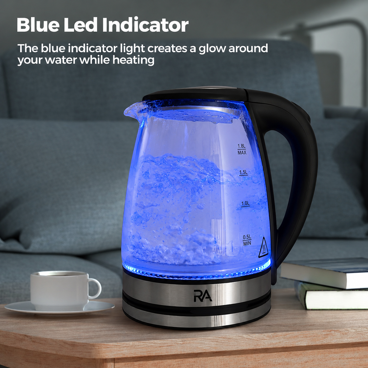 RA Electric Glass Kettle 1.8L Fast Boil with LED Indicator & Auto Shut Off – Black