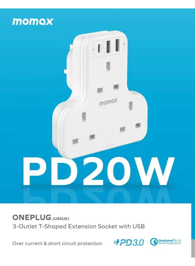 Momax ONEPLUG 3-Outlet T-Shaped Extension Socket with USB