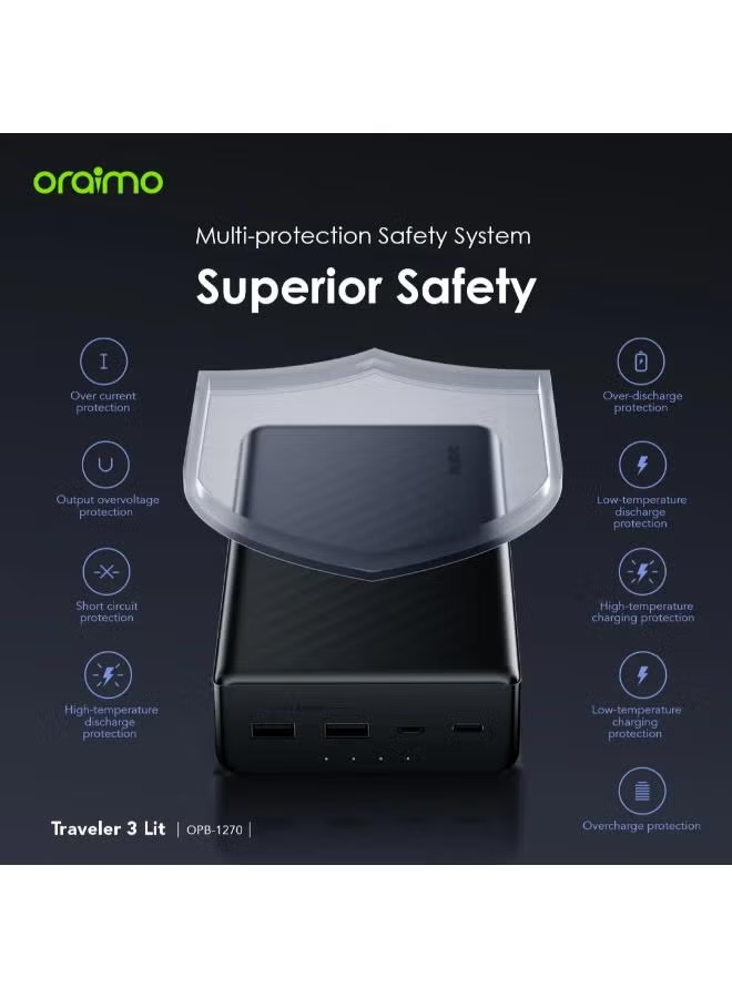 ORAIMO 27000mAh Fast Charging Powerbank- Traveler 3 Lit -Black OPB-1270