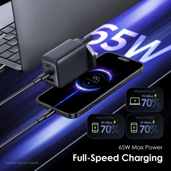 ORAIMO 65w GAN Wall Charger with C2C Cable- HyperGaN 65- Black