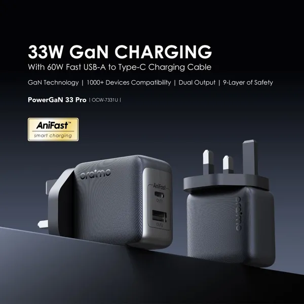ORAIMO 33W Dual Port GAN Charger with Type C Cable- PowerGaN 33 Pro- Black