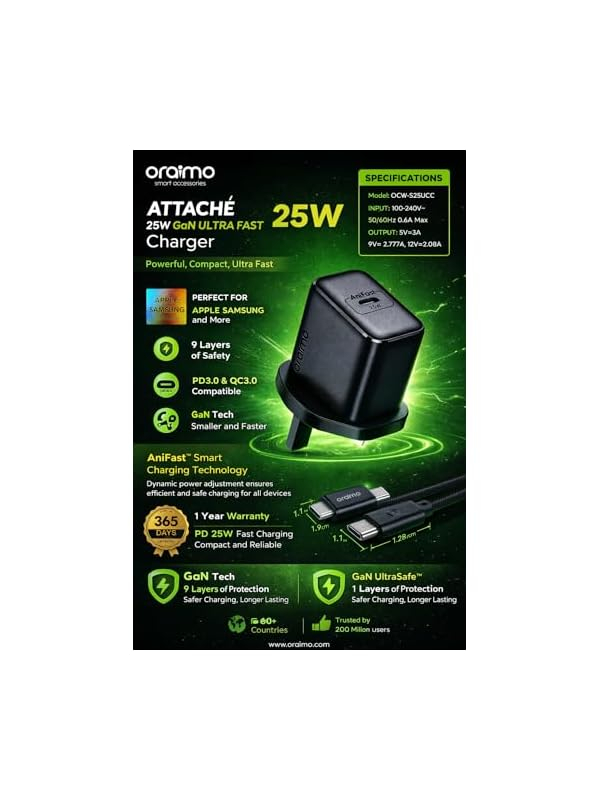 ORAIMO 25W Type-C Charger  - PowerGaN 251 - Black OCW-5251U