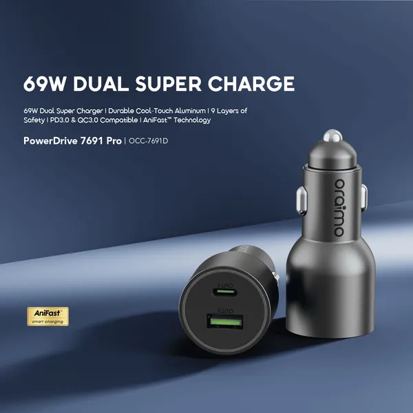 ORAIMO 69W USB & Type-C Car Charger - PowerDrive 7691 Pro - Chrome OCC-7691D