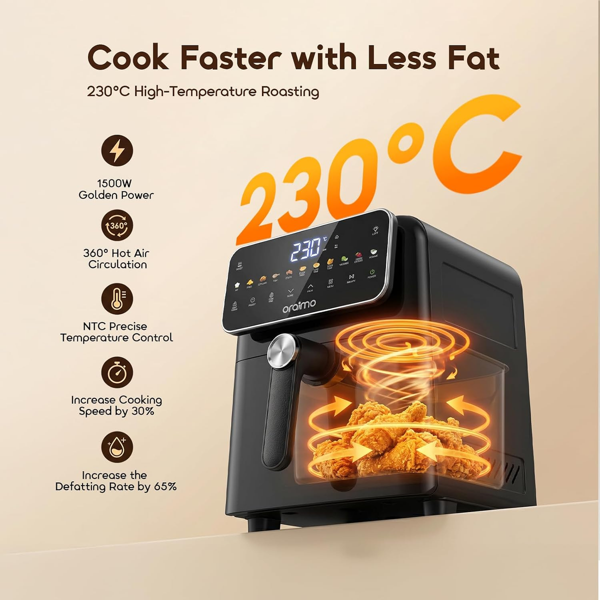 ORAIMO Flip Free Design Air Fryer - IntelliFry- Graphite Black