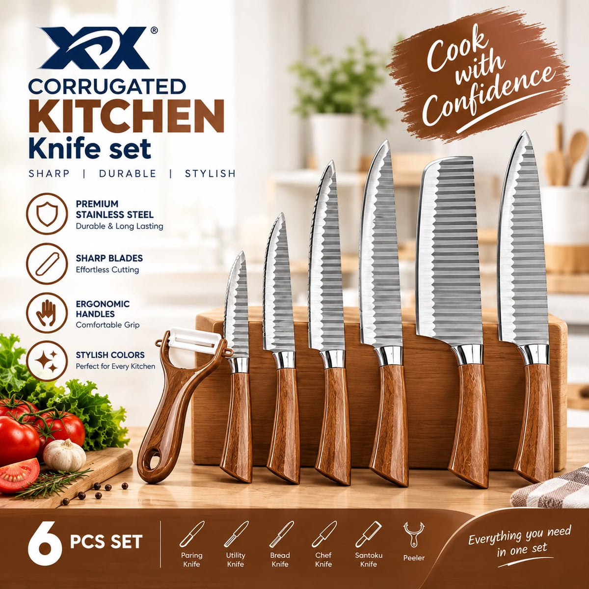 طقم سكاكين مطبخ 6 قطع مع مقشرة – شفرات مموجة ستانلس ستيل Corrugated Kitchen Knife Set