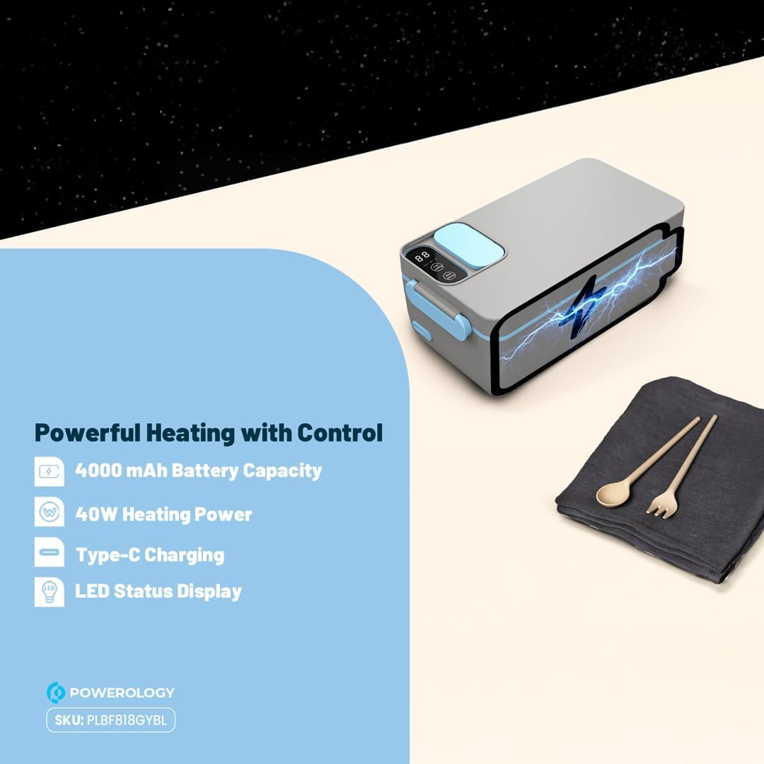Powerology Lumo Portable Heated Lunch Box 1L – 4000mAh Battery – Grey Blue