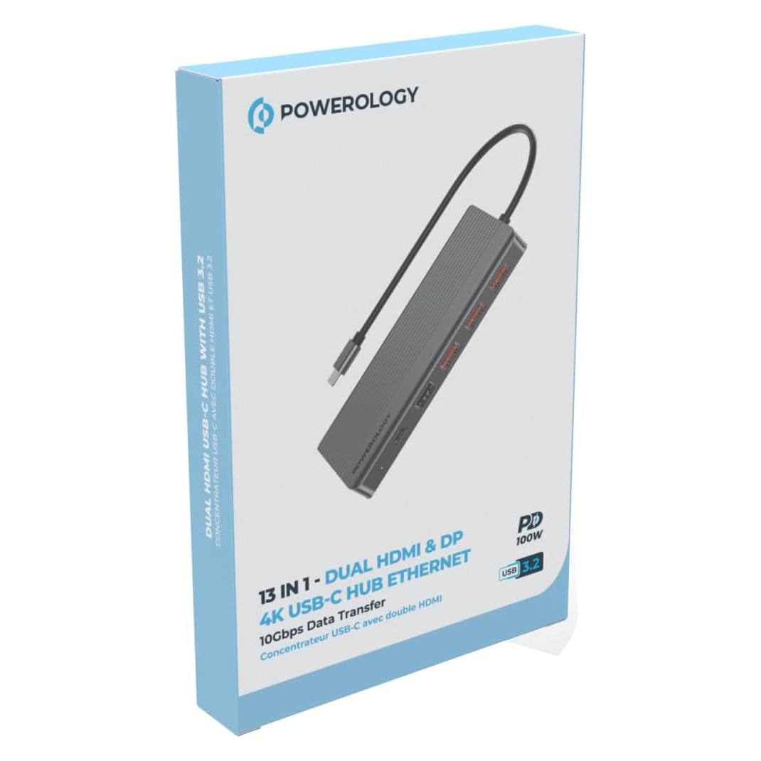 Powerology 13-in-1 USB-C Hub with Dual HDMI, DisplayPort, Ethernet & 100W Power Delivery – Gray