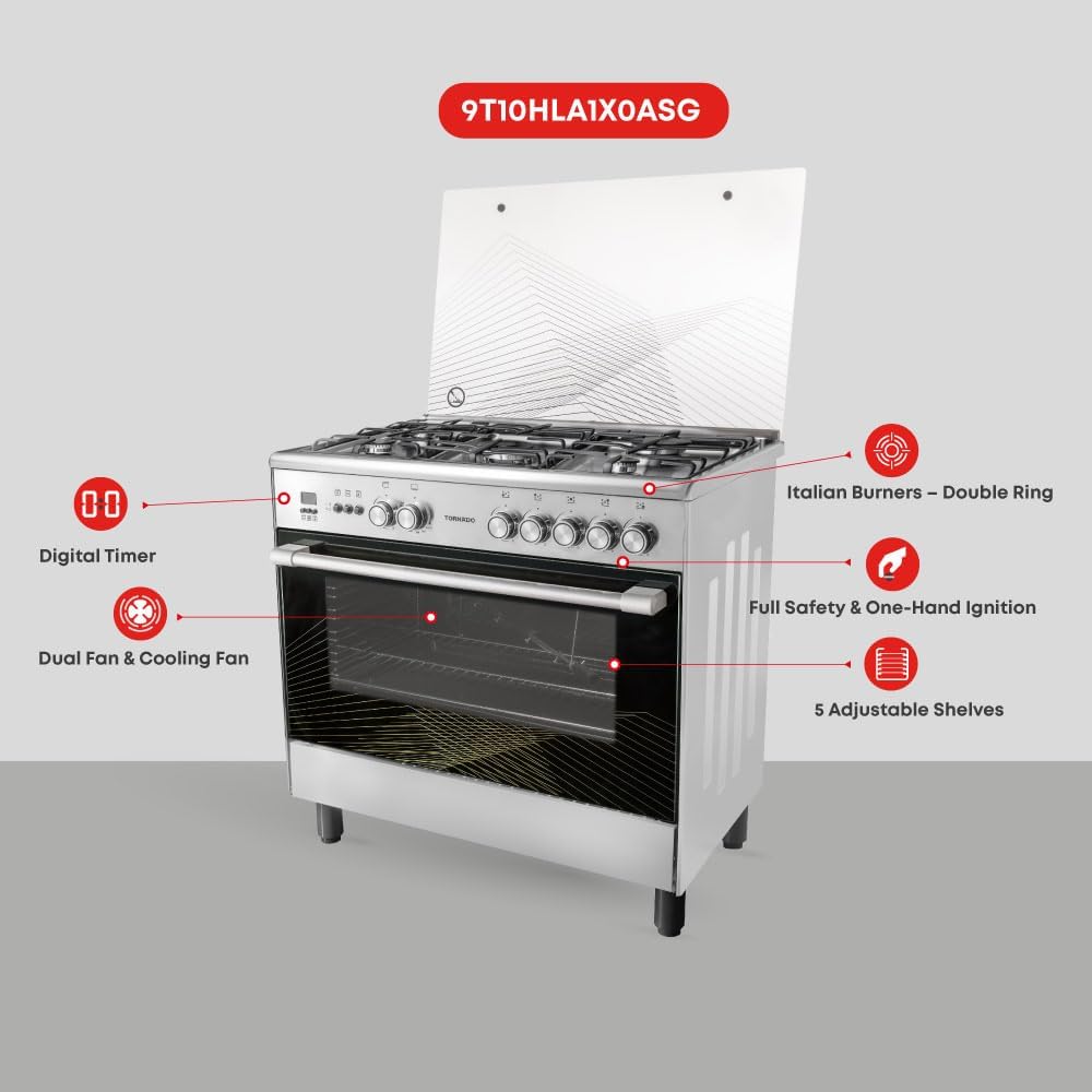 موقد مستقل Tornado 90X60 سم، فرن غاز كامل مع 5 شعلات، إشعال أوتوماتيكي وأمان كامل 9T10Hla1X0Asg-3