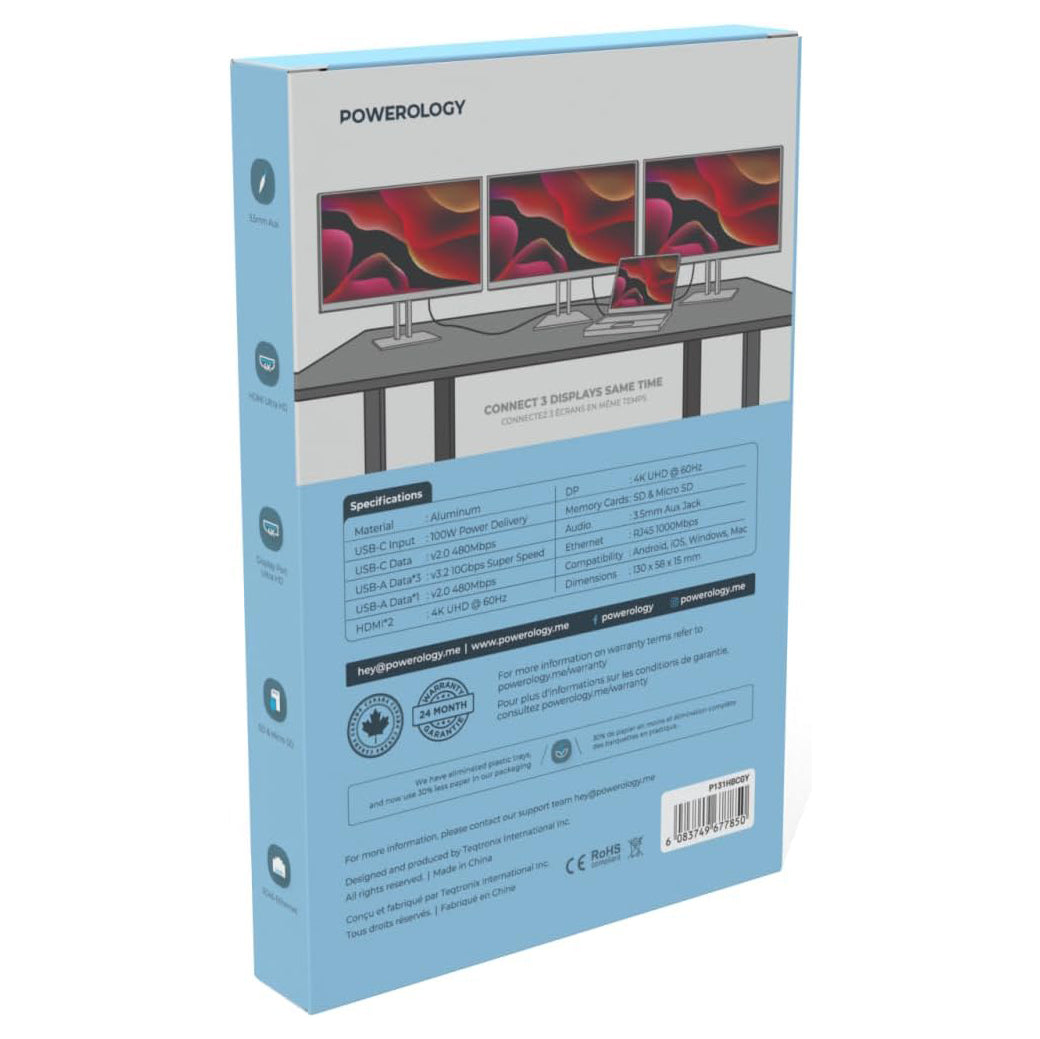 Powerology 13-in-1 USB-C Hub with Dual HDMI, DisplayPort, Ethernet & 100W Power Delivery – Gray
