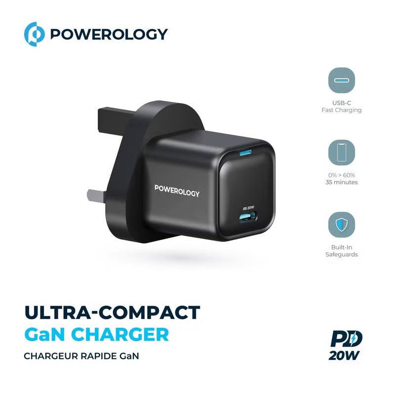 Powerology Ultra-Compact GaN Charger 20W USB-C PD Fast Charging UK Plug – Black