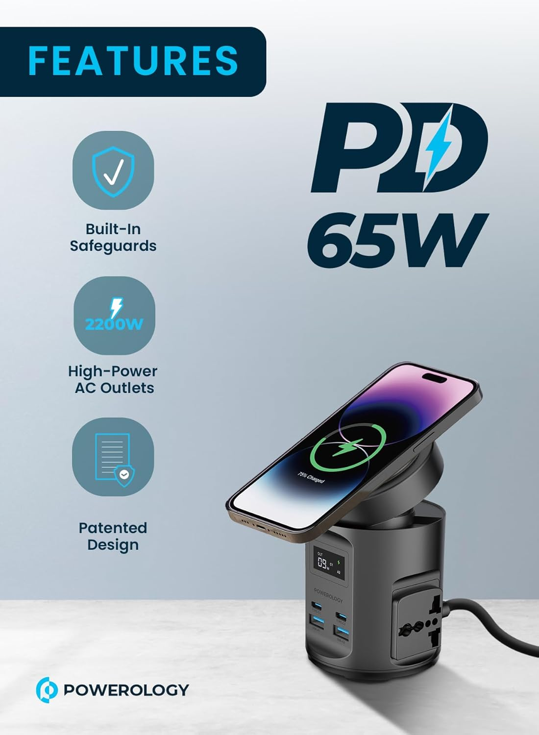 Powerology Magsafe Power Hub PD 65W 2X Universal Sockets 2200W