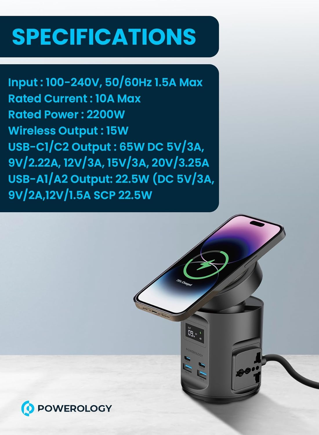 Powerology Magsafe Power Hub PD 65W 2X Universal Sockets 2200W