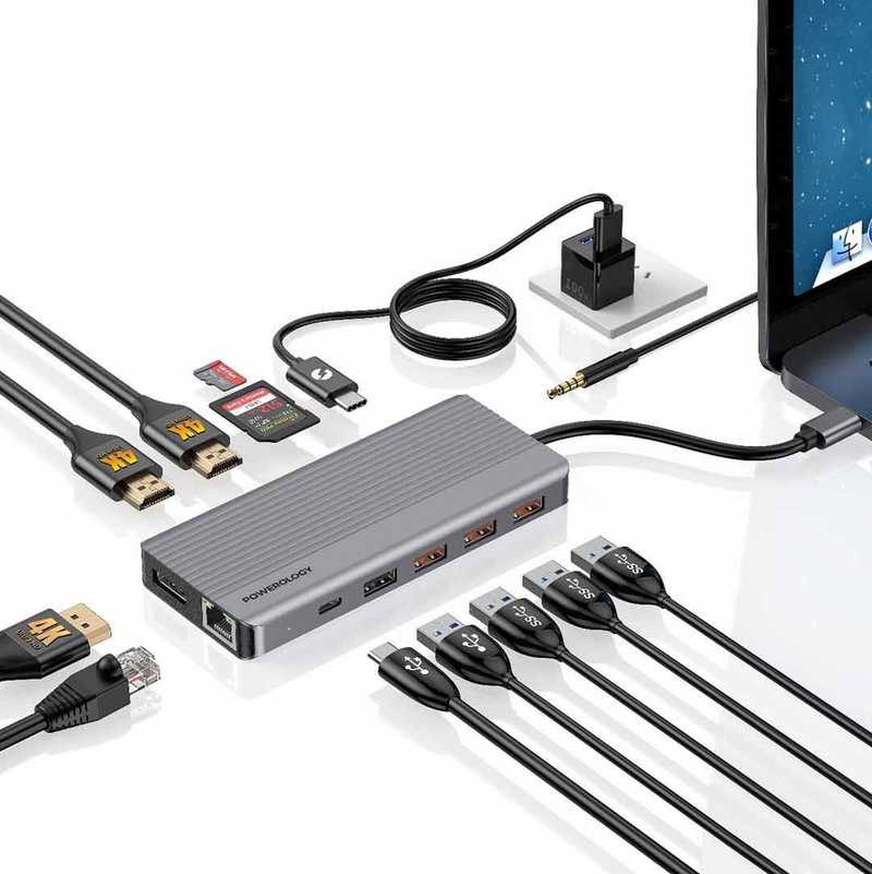 Powerology 13-in-1 Dual HDMI & DisplayPort USB-C HUB Ethernet - Gray