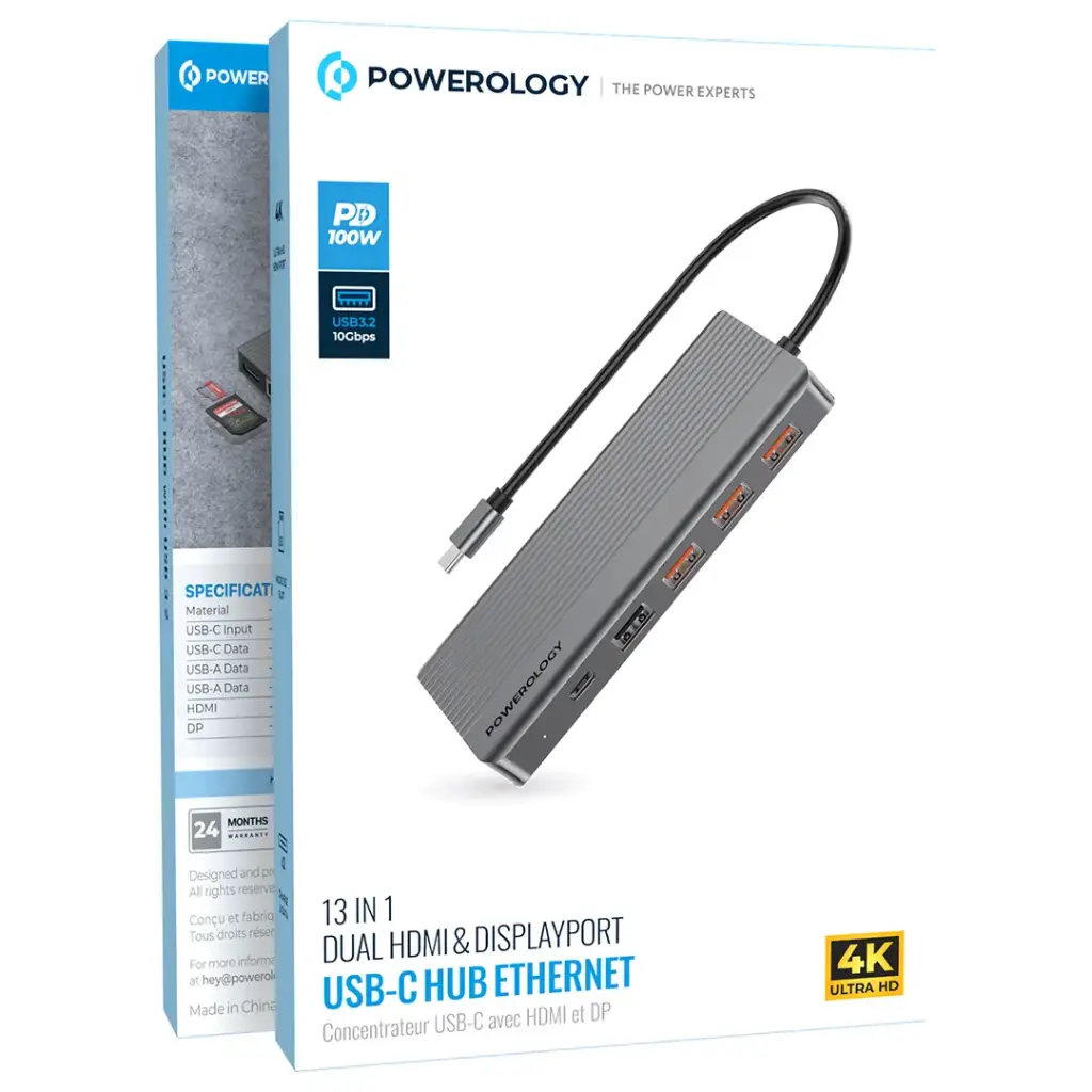 Powerology 13-in-1 Dual HDMI & DisplayPort USB-C HUB Ethernet - Gray