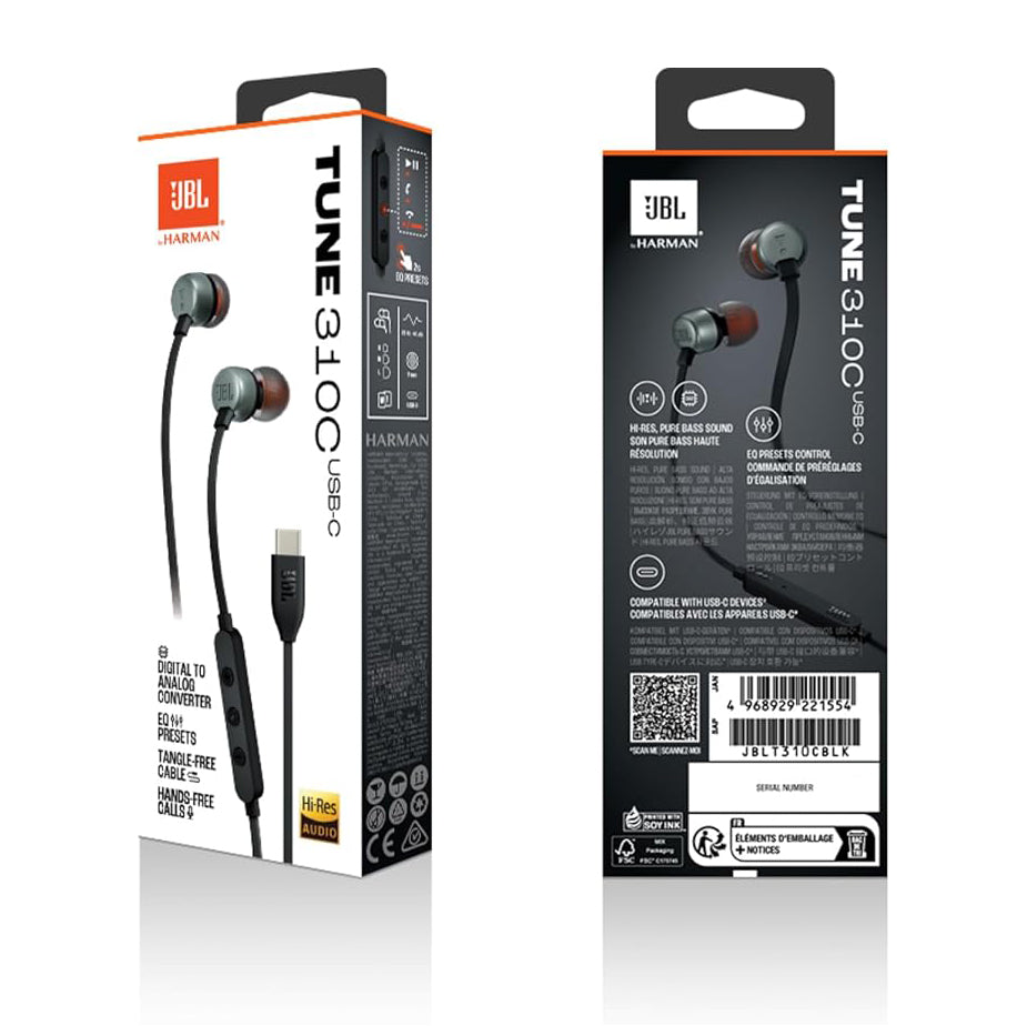 سماعات JBL Tune 310C USB-C Hi-Res داخل الأذن مع JBL Pure Bass – أسود / أبيض / أزرق / أحمر