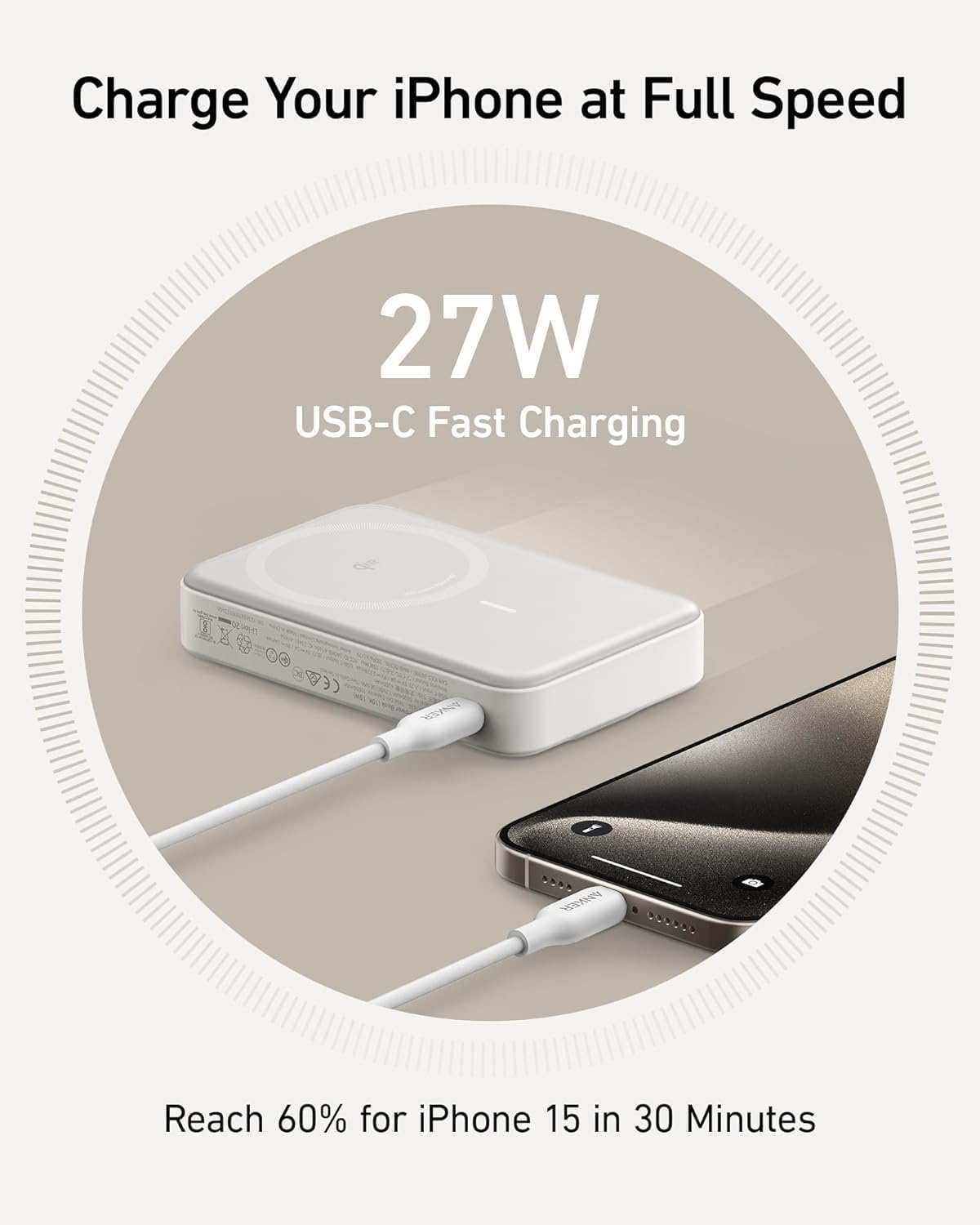 باور بانك Anker MagGo (10K) مع كابل USB-C إلى USB-C بطول 2 قدم 0.6 متر A1645H11 - A1654H21 (أبيض)-8