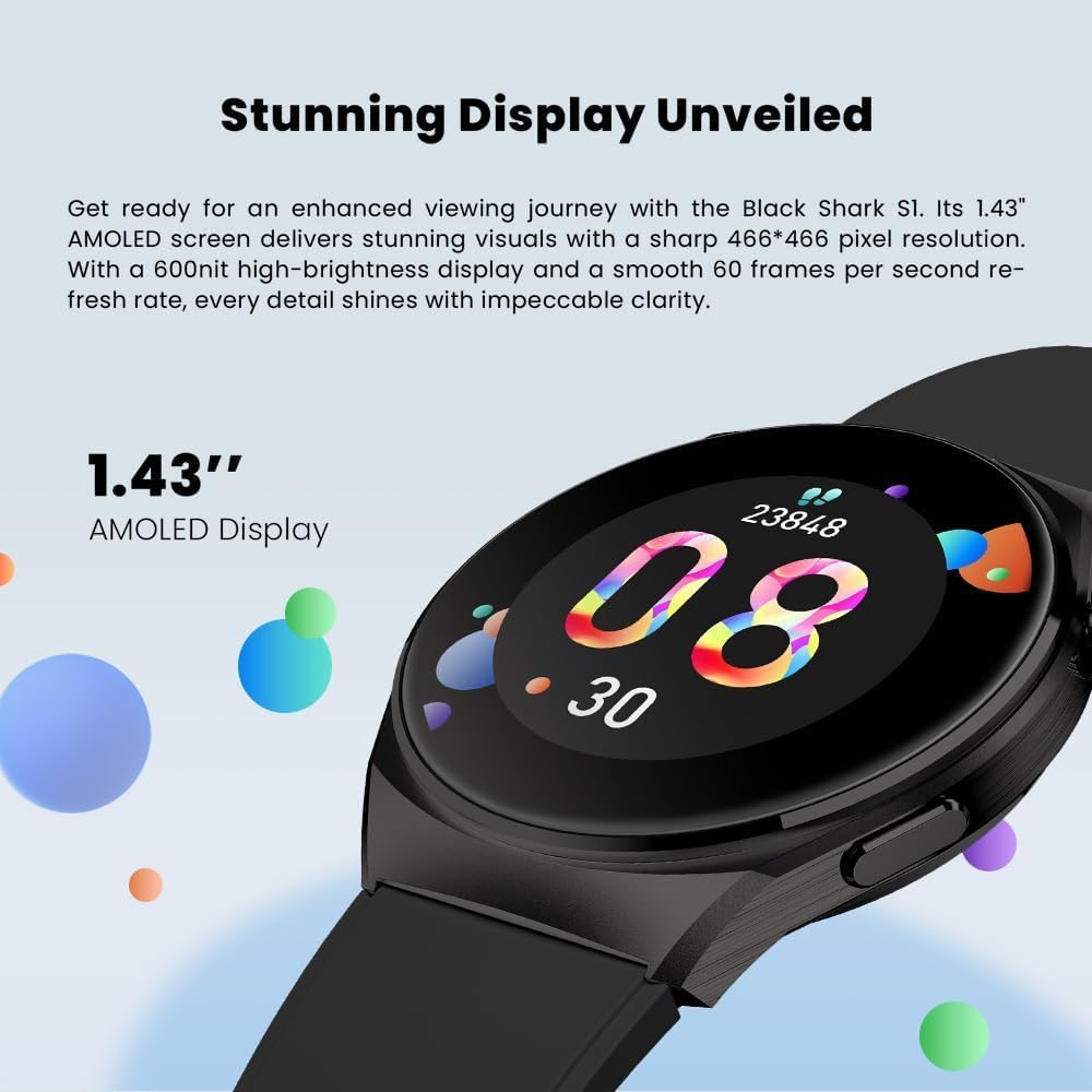 ساعة Black Shark S1 الذكية بشاشة AMOLED مقاس 1.43 بوصة ومكالمات Bluetooth ومقاومة IP68 – أسود