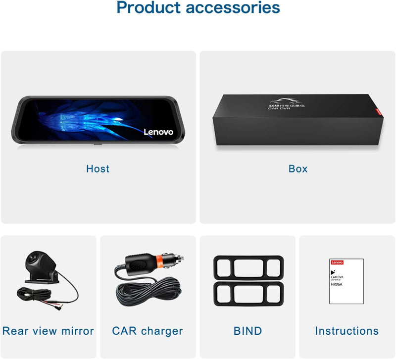 لينوفو Lenovo مرآة سيارة مع كاميرا تسجيل – Dash Cam WiFi، تصوير HD، شاشة لمس-2