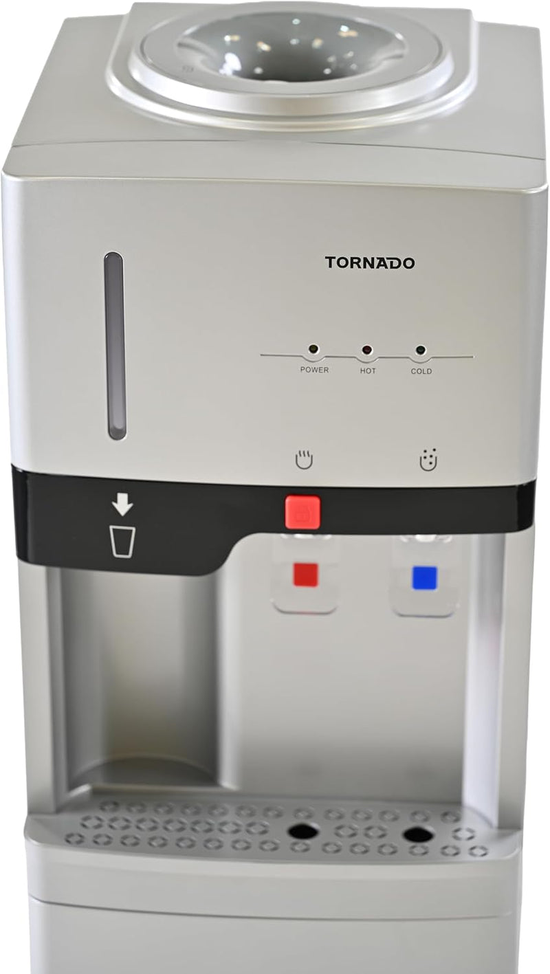موزع مياه Tornado تحميل علوي 2 صنابير (ساخن وبارد) بتشطيب فضي أنيق حامل أكواب مدمج أسفل Twd-L3Che-S-3