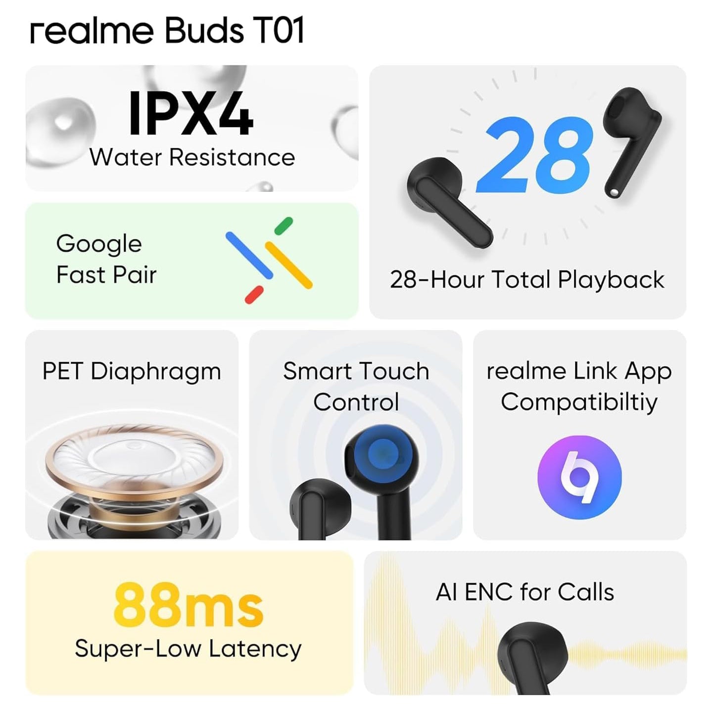 سماعات Realme Buds T01 اللاسلكية TWS مع AI ENC وبطارية حتى 28 ساعة – أسود