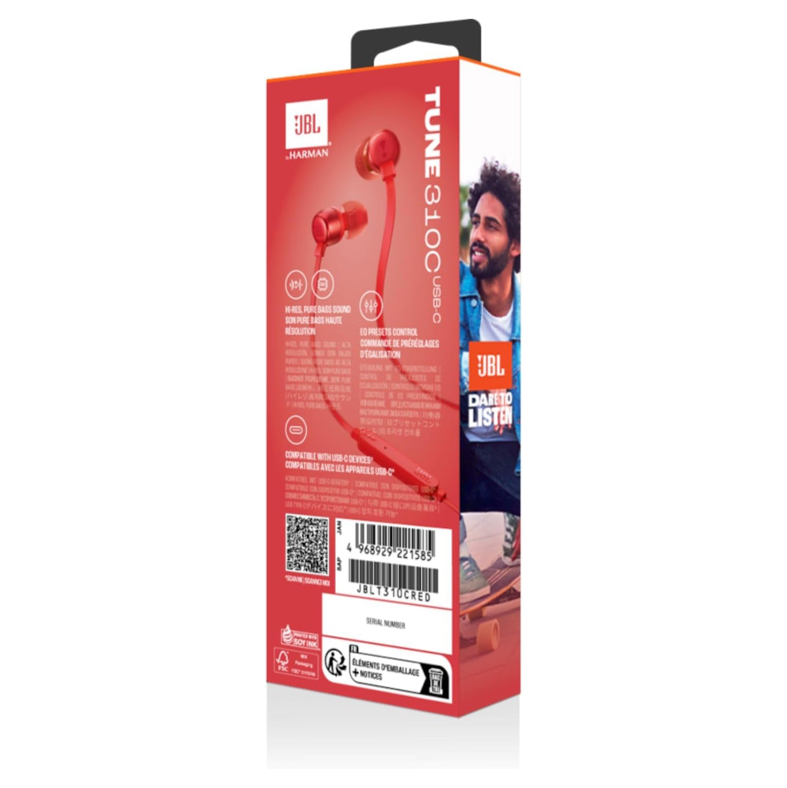 سماعات JBL Tune 310C USB-C Hi-Res داخل الأذن مع JBL Pure Bass – أسود / أبيض / أزرق / أحمر
