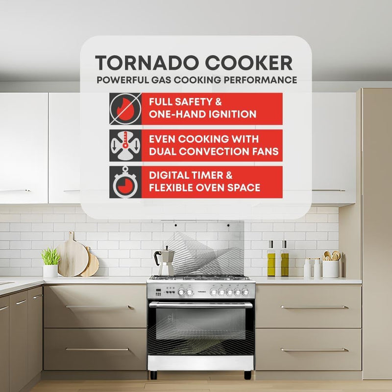 موقد مستقل Tornado 90X60 سم، فرن غاز كامل مع 5 شعلات، إشعال أوتوماتيكي وأمان كامل 9T10Hla1X0Asg-11