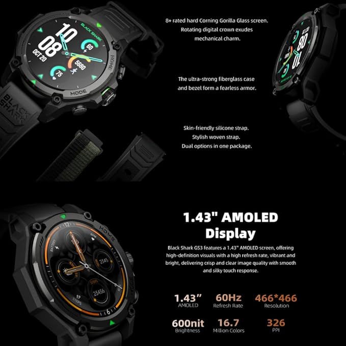 Black Shark GS3 Rugged Outdoor GPS Smart Watch 1.43" AMOLED Display 21 Days Battery – Black